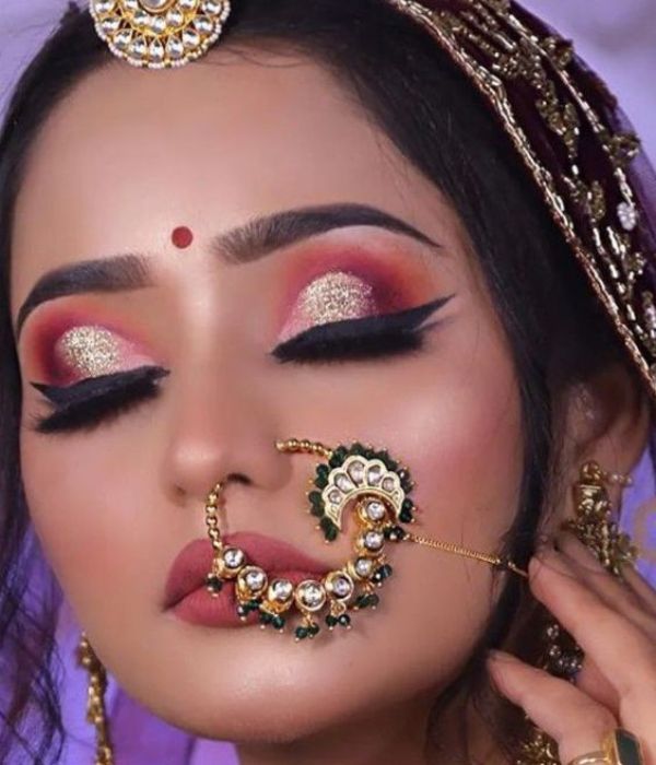 metallic eyes and bold lips
